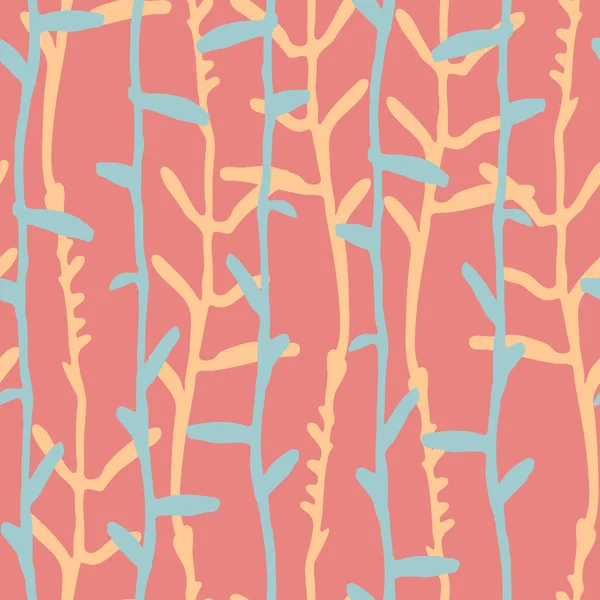 Безшовний візерунок з білими смужками рук намальованих трав на кораловому фоні — стоковий вектор