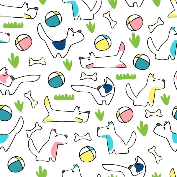 Seamless pattern with funny dogs playing. Perfect for kids. Made of vector illustrations in cartoon style — Stock Vector