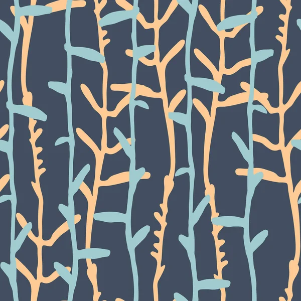 Безшовний візерунок з білими смужками ручної роботи намальованих трав на синьому фоні — стоковий вектор