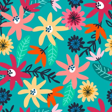 Turkuaz arka planda tarla çiçekleri olan kusursuz desen