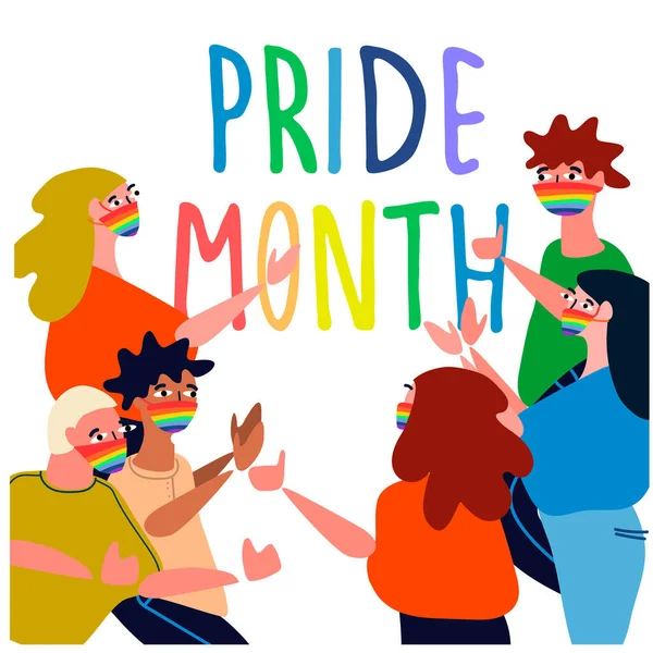 Monat der Feiern zur sexuellen Vielfalt. Menschen feiern Stolz Parade Vektor Illustration — Stockvektor