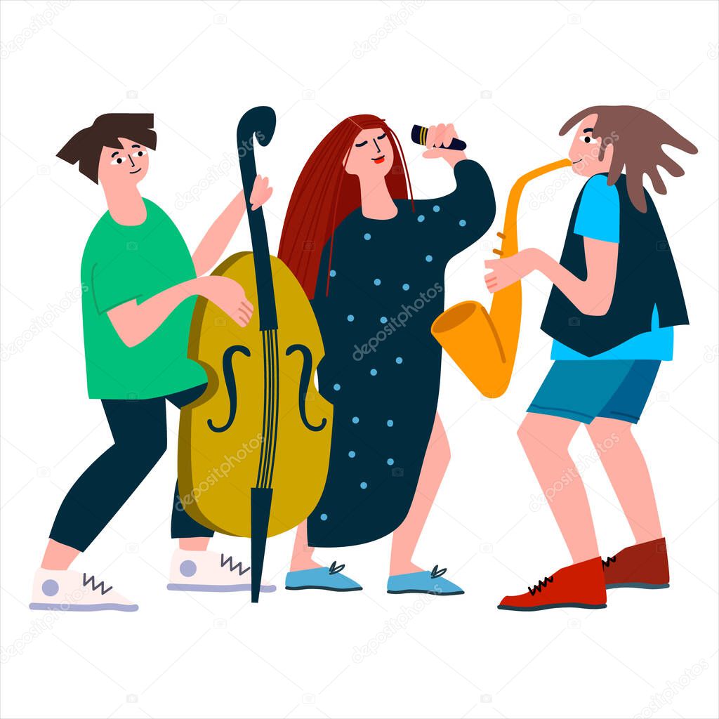 Saxophone, double bass and vocal trio performance. Jazz band vector illustration in flat style