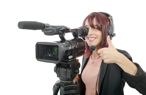 Giovane donna con una videocamera professionale — Foto Stock