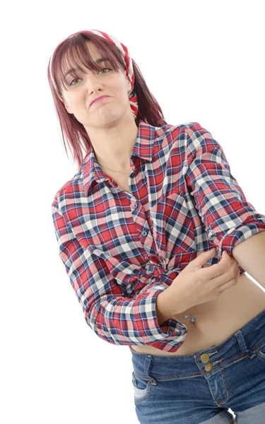 Lovely pretty young woman in checkered shirt and jeans shorts — Stock Photo, Image