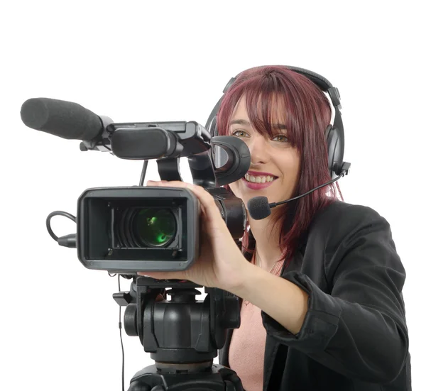 Profesyonel bir video kamera ile genç kadın — Stok fotoğraf