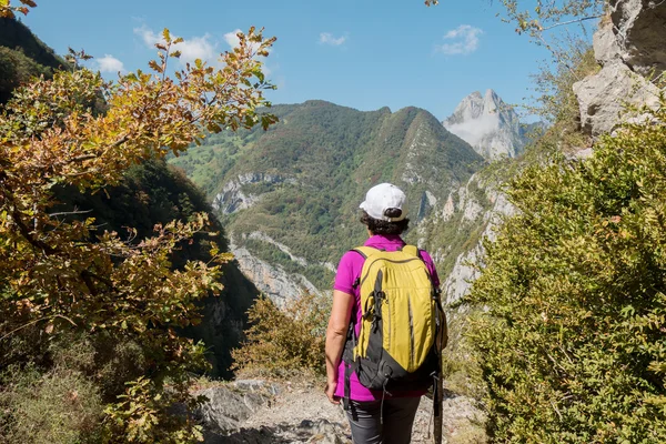 Mogen kvinna vandrare i bergen — Stockfoto