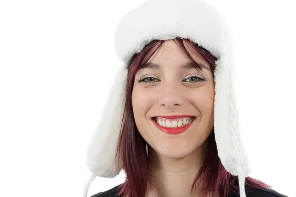 Portrait of a beautiful young woman with a winter hat on white — Stock Photo, Image
