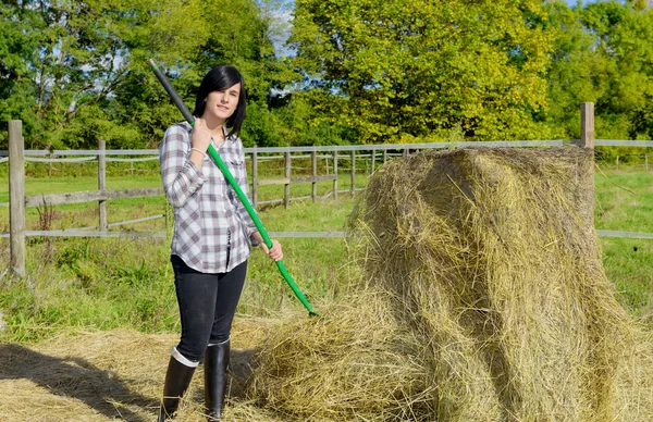 Молодая красивая деревенская женщина работает на ферме, загружает солому — стоковое фото