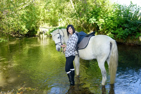 Усміхнена молода жінка з конем у річці — стокове фото