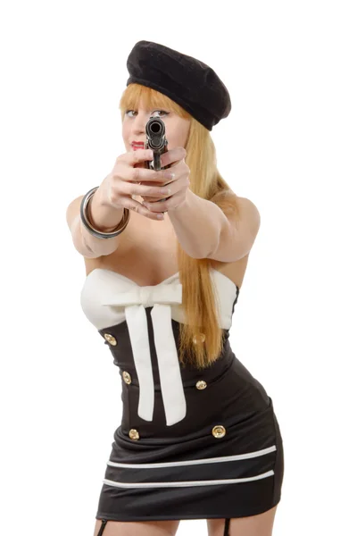흰색 배경에 총을 가진 꽤 젊은 섹시 한 여자 — 스톡 사진