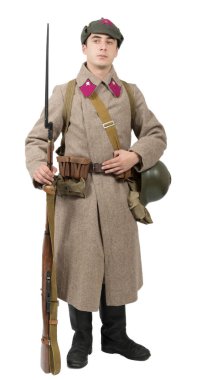 Kış beyaz adam üniforma ile genç Sovyet askeri