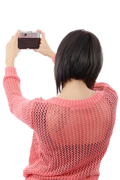 Dość młoda brunetka kobieta z antykami kamery — Zdjęcie stockowe