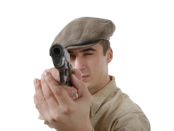 Franse gangster met een vuurwapen, op wit — Stockfoto