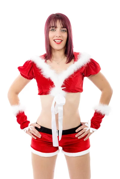 Menina sexy bonita em trajes de Natal posando no branco backgr — Fotografia de Stock