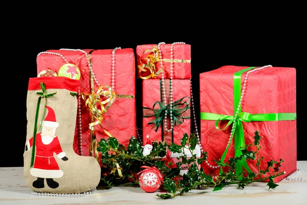 Red and white christmas gift boxes — Stock Photo, Image