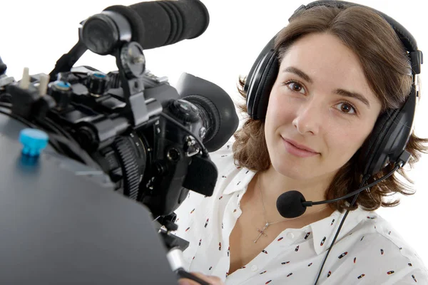Beautiful young woman with DSLR video camera — Stock Photo, Image