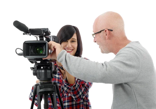 Giovane cameraman donna, e l'uomo maturo — Foto Stock