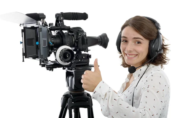 Красива молода жінка з відеокамерою DSLR — стокове фото