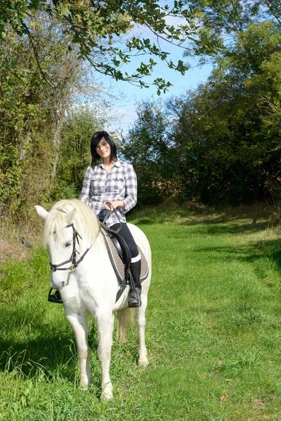 年轻美丽的黑发女人，骑着马 — 图库照片