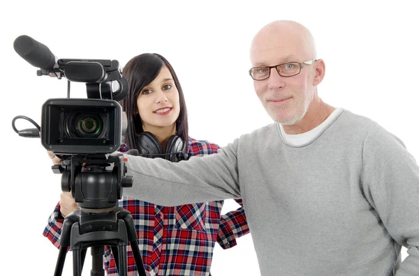 Giovane cameraman donna, e l'uomo maturo — Foto Stock