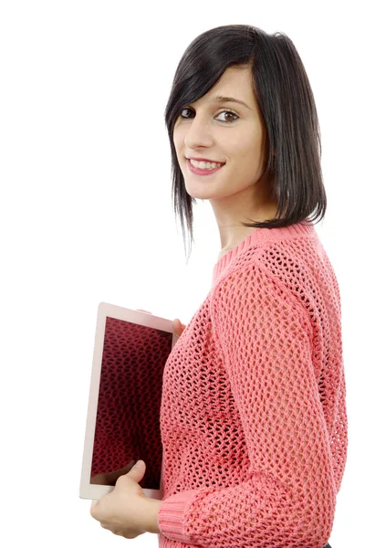Jonge brunette meisje met tablet geïsoleerd op witte achtergrond — Stockfoto