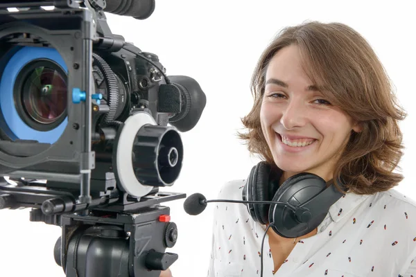 Wanita muda cantik dengan kamera video SLR — Stok Foto