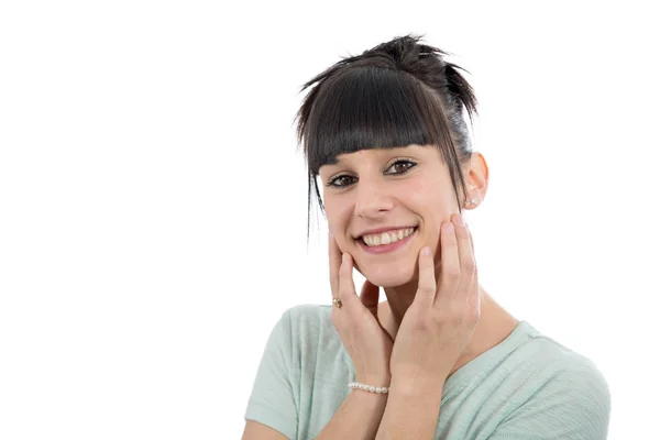 Portrait d'une belle jeune brune, sur blanc — Photo