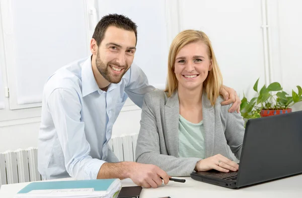 Attractive man and woman business using laptop computer — Stock Photo, Image