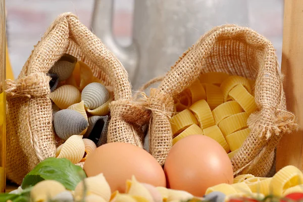 Raw pastas with eggs close up — Stock Photo, Image