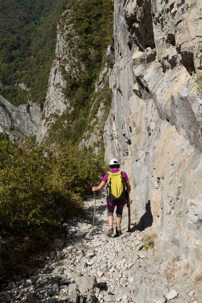 Kvinna vandring på vägen av äldre i Pyrenéerna — Stockfoto