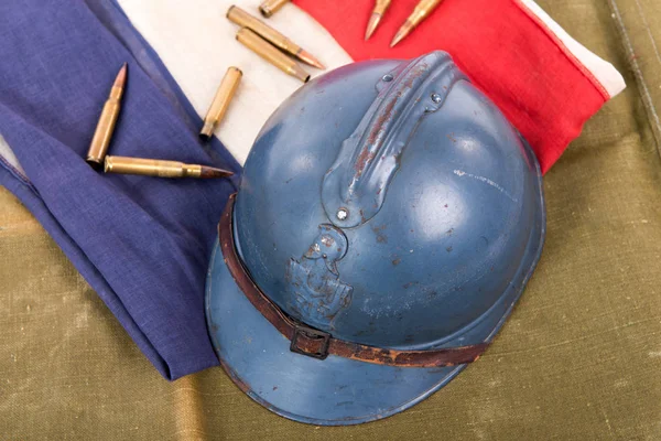 french military helmet of the First World War on red white blue