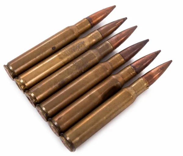 Six military cartridges isolated on  white background — Stock Photo, Image