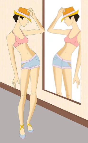 Beautiful girl looking in the mirror — Stock Photo, Image