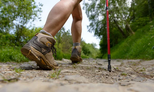 Patas de viajero, la mujer está caminando en el camino — Foto de Stock