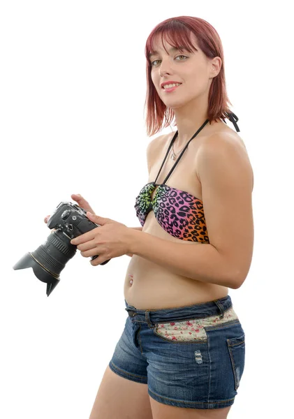 Beautiful woman  holding digital photo camera, on white — Stock Photo, Image