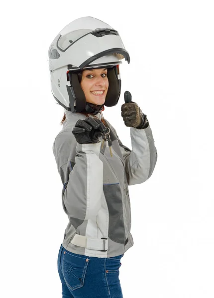 Kvinna med motorcykel vit hjälm med öppnade sköld systemet, på — Stockfoto