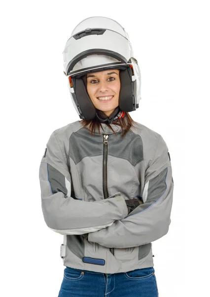 Woman with motorcycle white helmet with opened shield system, on — Stock Photo, Image