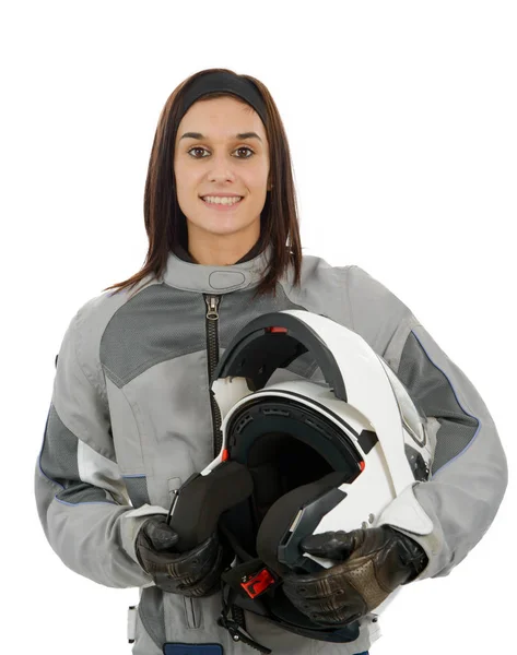 The beautiful girl with a motorcycle helmet, on white — Stock Photo, Image