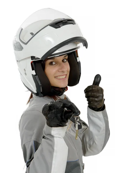 Young woman showing proudly her new motorcycle license on white — Stock Photo, Image