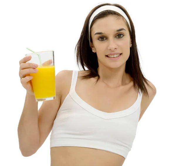 Hermosa mujer joven en ropa interior blanca con jugo de naranja, isol —  Fotos de Stock