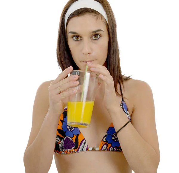 Mulher bonita com suco de laranja — Fotografia de Stock