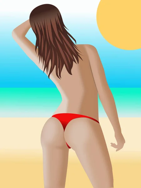 Sexy de volta da bela mulher na praia em pequeno biquíni — Fotografia de Stock