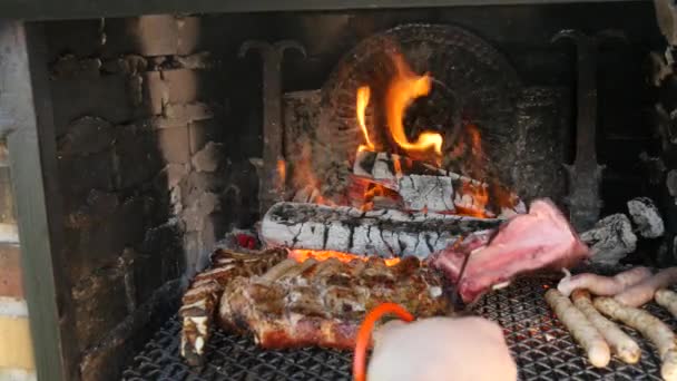 Délicieuse viande grillée sur un barbecue — Video