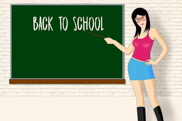Sexig smal lärare nära skolstyrelsen, tillbaka till skolan — Stockfoto