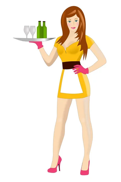 Cheerful sexy waitress with tray,    isolated on white backgroun — Stock Photo, Image