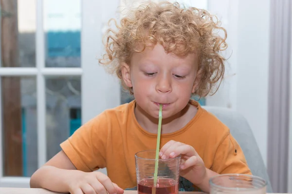 Mignon petit garçon boit du jus rouge en utilisant de la paille — Photo