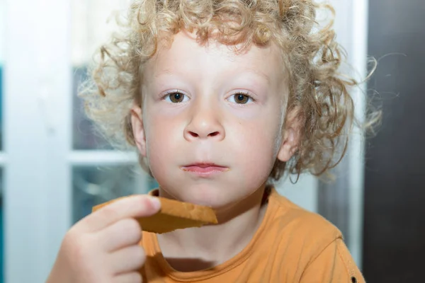 Piccolo ragazzo biondo mangiare pane al mattino — Foto Stock