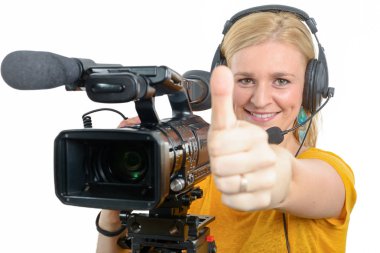 profesyonel video kamera, başparmak gösterilmesini kadınla