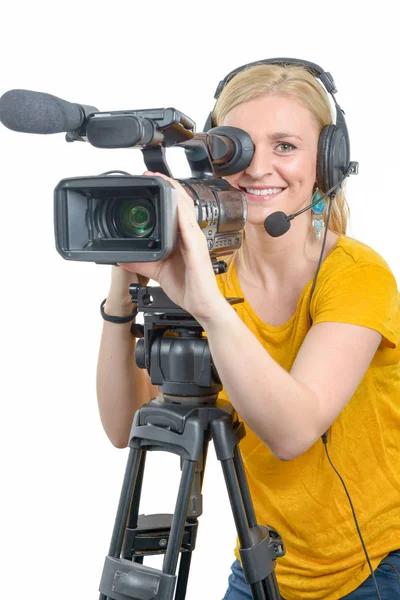 Blond young woman with professional video camcorder, on white — Stock Photo, Image