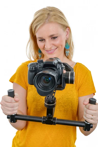 화이트에 꾸준한 캠를 사용 하는 여자 동영상 — 스톡 사진